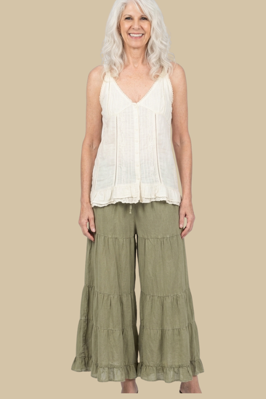 Rayon Tiered Pant in Stone Wash Olive