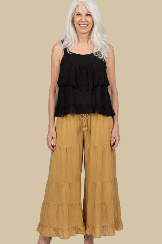Rayon Tiered Pant in Mustard Stone Wash