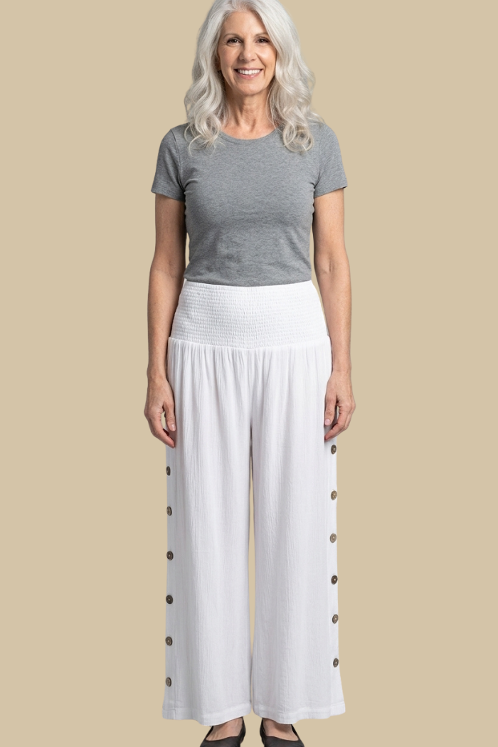 White Smocked Waist Pant with Side Button Detail