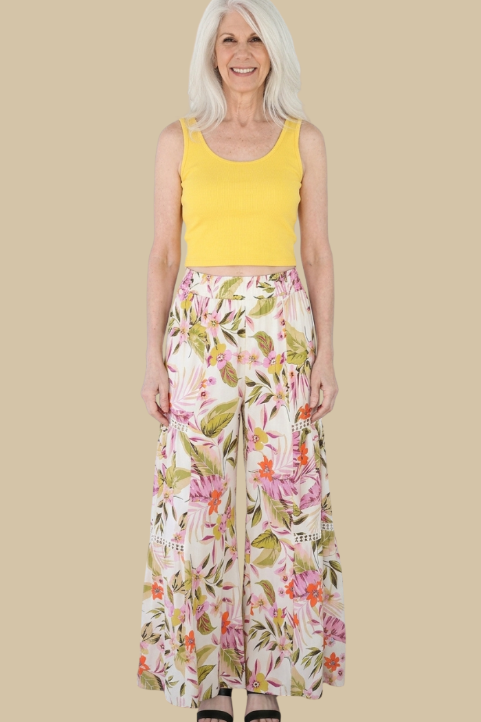 Tropical Print Wide Leg Flare Pants with Lace Inserts