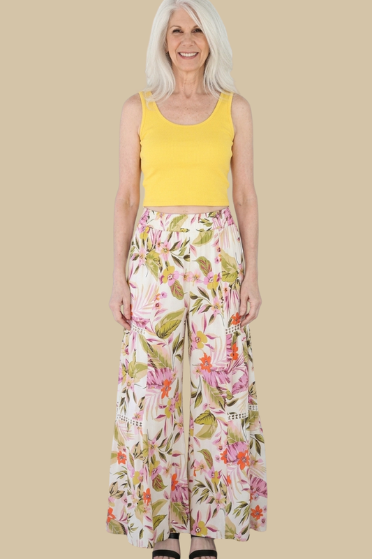 Tropical Print Wide Leg Flare Pants with Lace Inserts