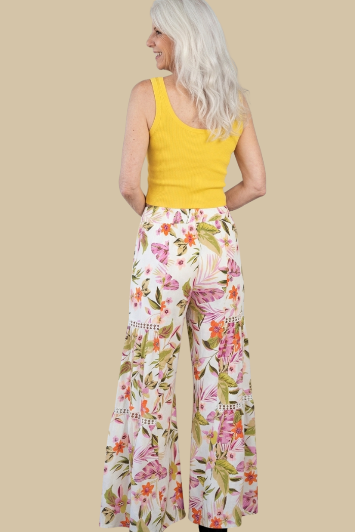 Tropical Print Wide Leg Flare Pants with Lace Inserts