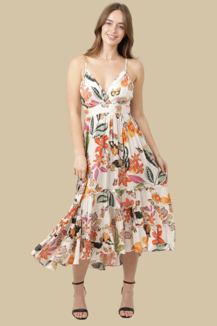 Tropical Print Hi-Lo Ruffle Hem Midi Dress