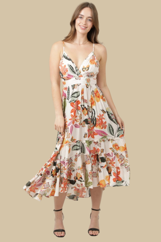 Tropical Print Hi-Lo Ruffle Hem Midi Dress