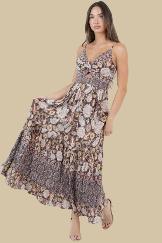 Twist Front Triangle Cut-Out Print Maxi Dress