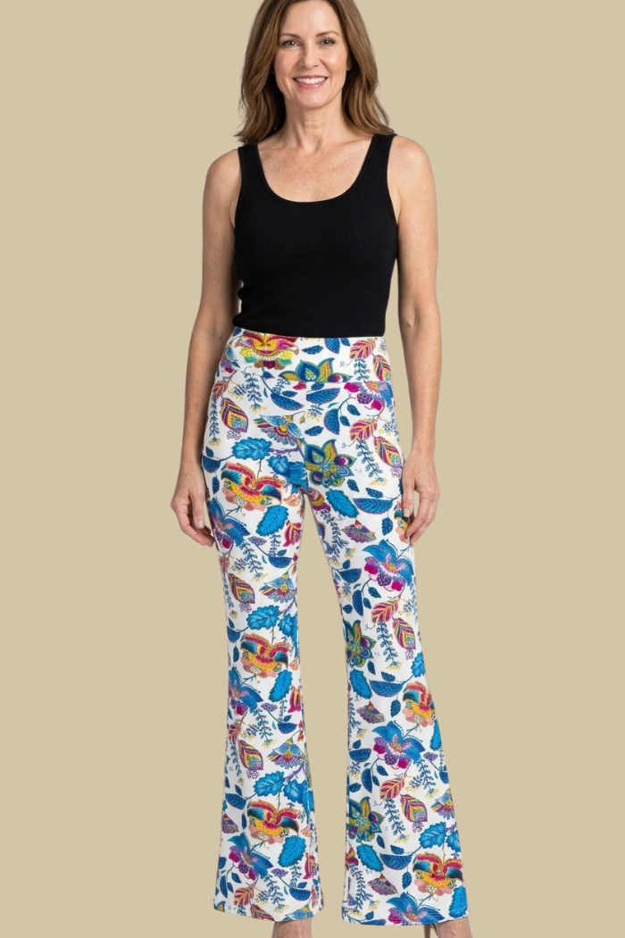 Flared Leg Palazzo Pant in Floral Print on White