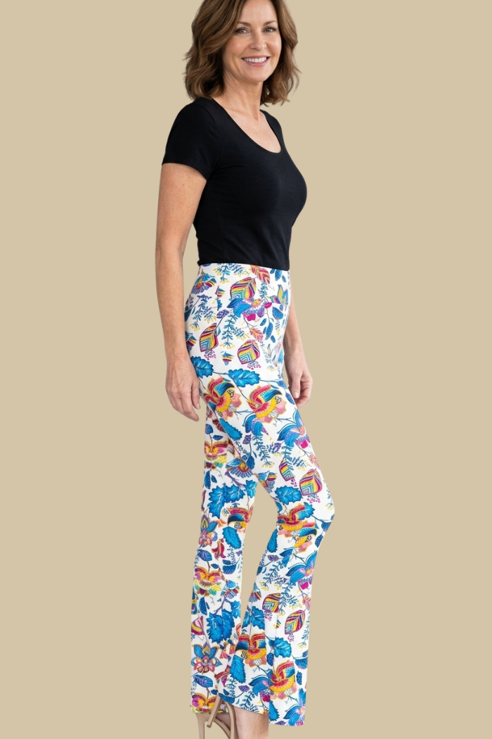 Flared Leg Palazzo Pant in Floral Print on White