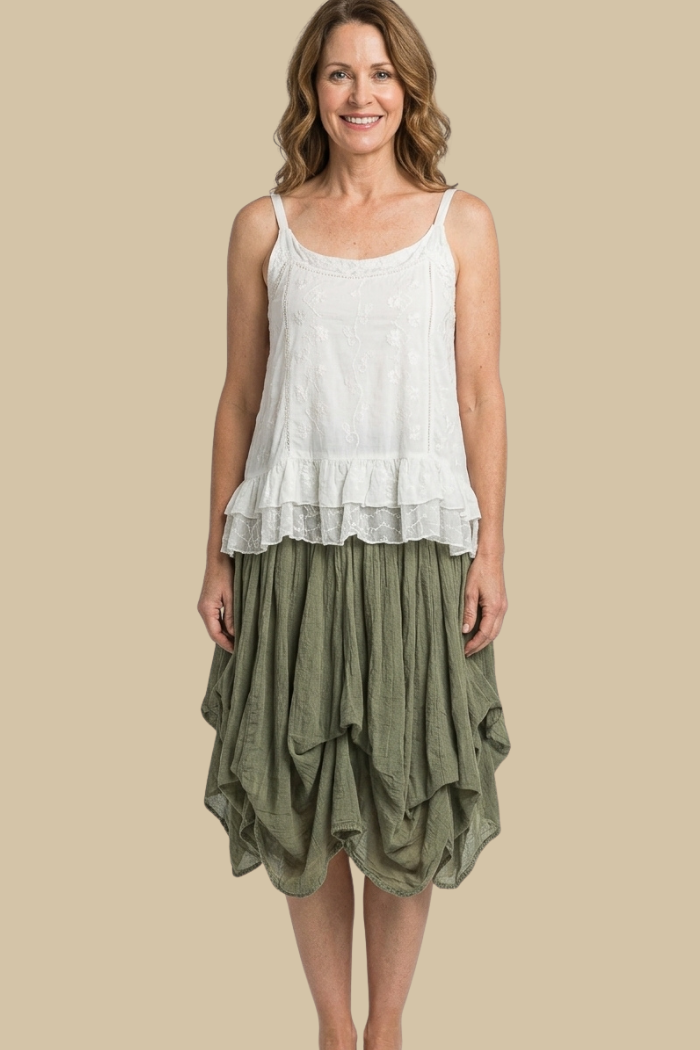 Cotton Boho Mini Bubble Skirt in Olive