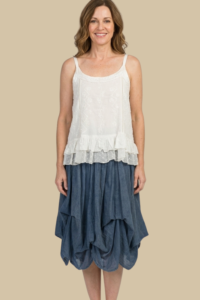 Cotton Boho Mini Bubble Skirt in Denim Blue