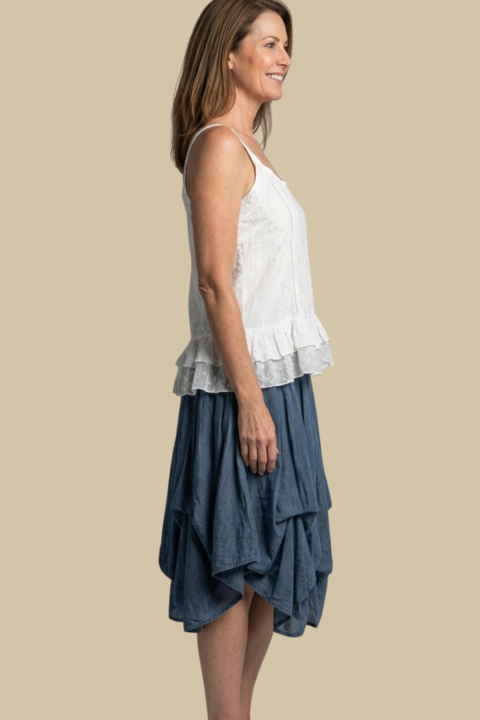 Cotton Boho Mini Bubble Skirt in Denim Blue