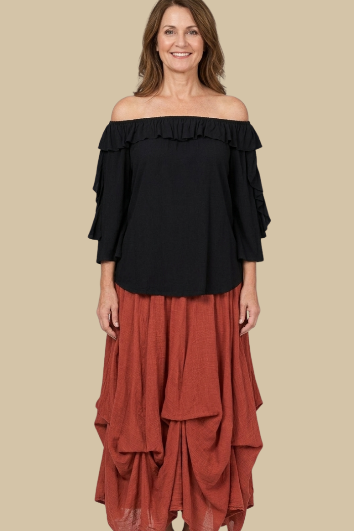 Cotton Bubble Maxi Skirt in Red