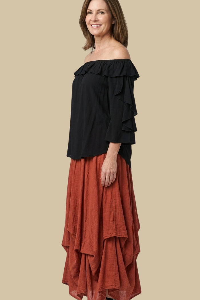 Cotton Bubble Maxi Skirt in Red