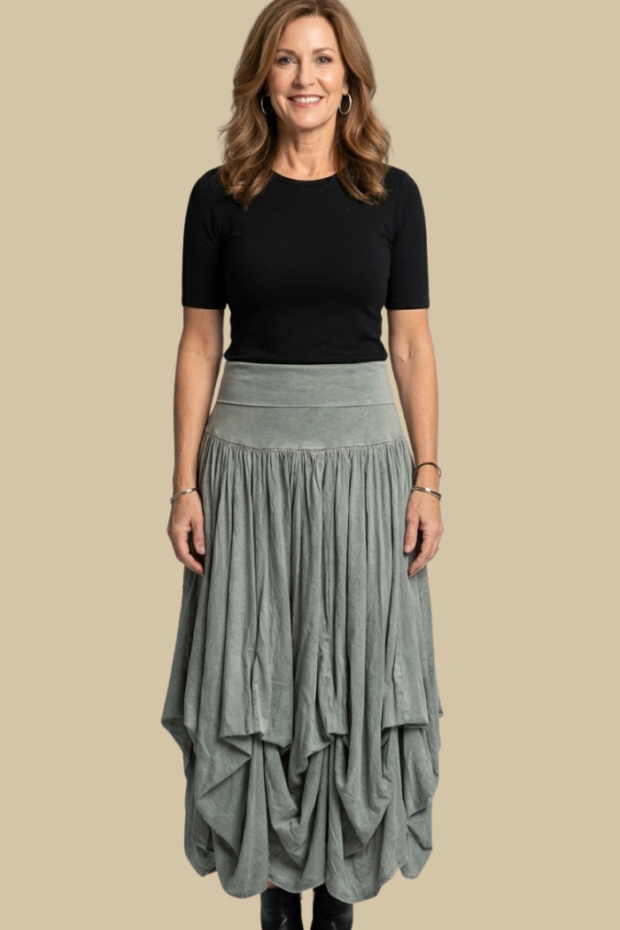 Cotton Boho Maxi Bubble Skirt in Sage