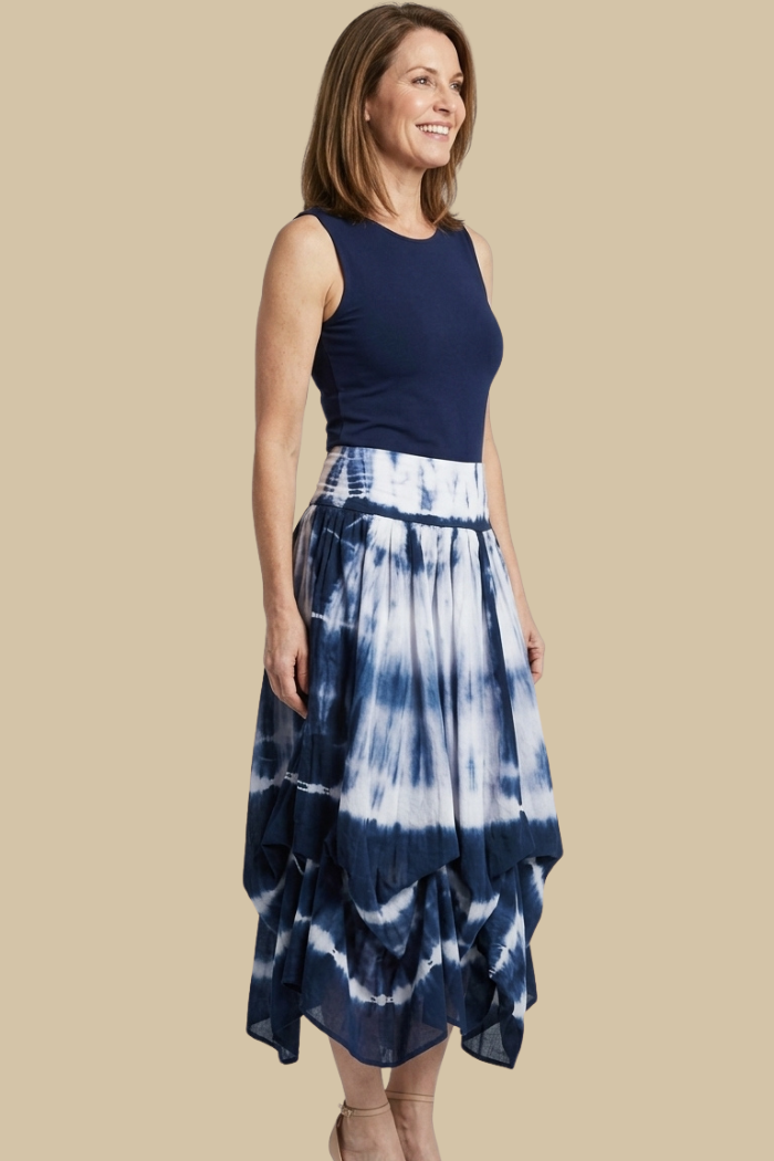 Cotton Bubble Maxi Skirt in Blue-White Tie Dye