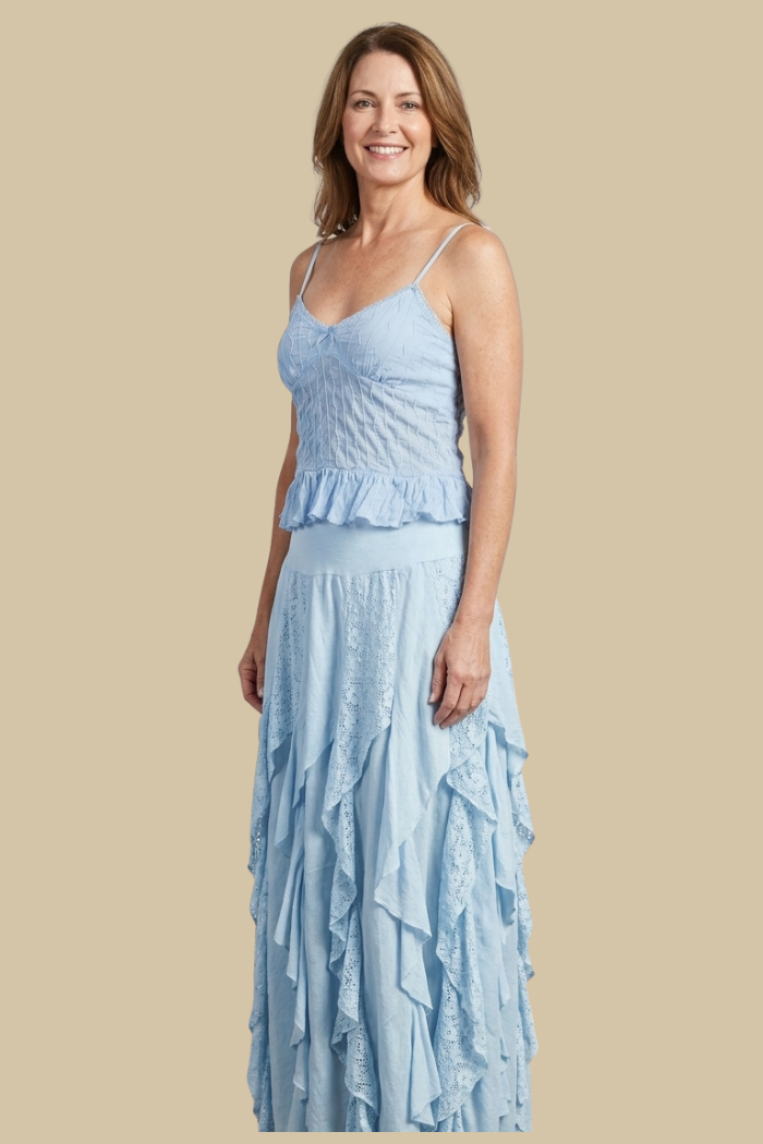 Cotton Ruffle Maxi Skirt in Light Blue