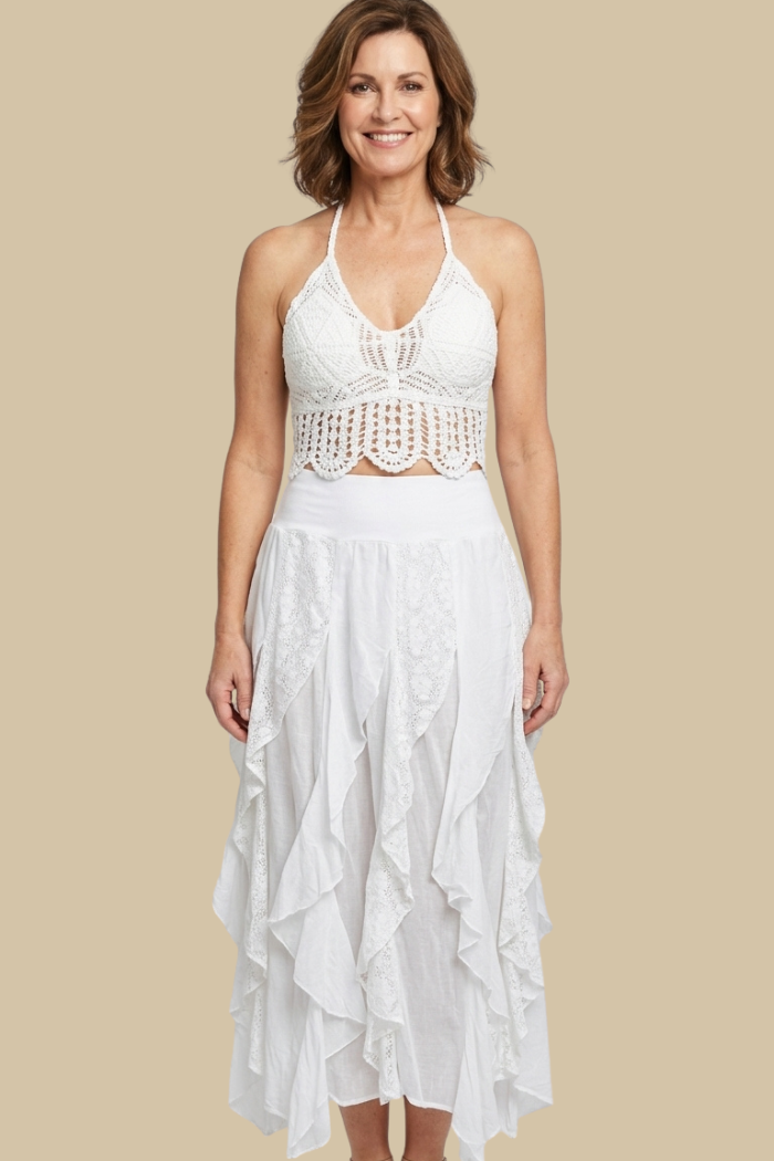 Cotton Ruffle Maxi Skirt in White