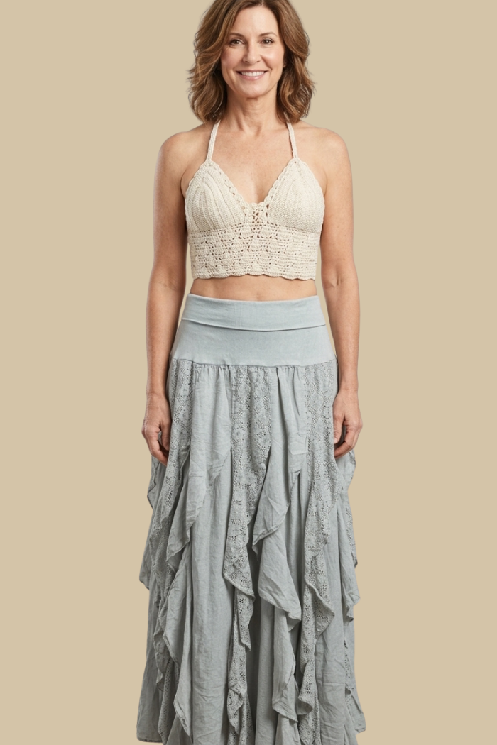 Long Cotton Ruffle Skirt in Sage
