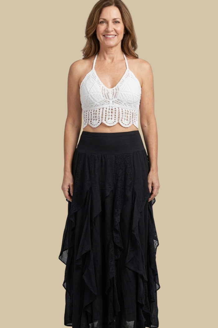 RUFFLED LONG BLACK SKIRT