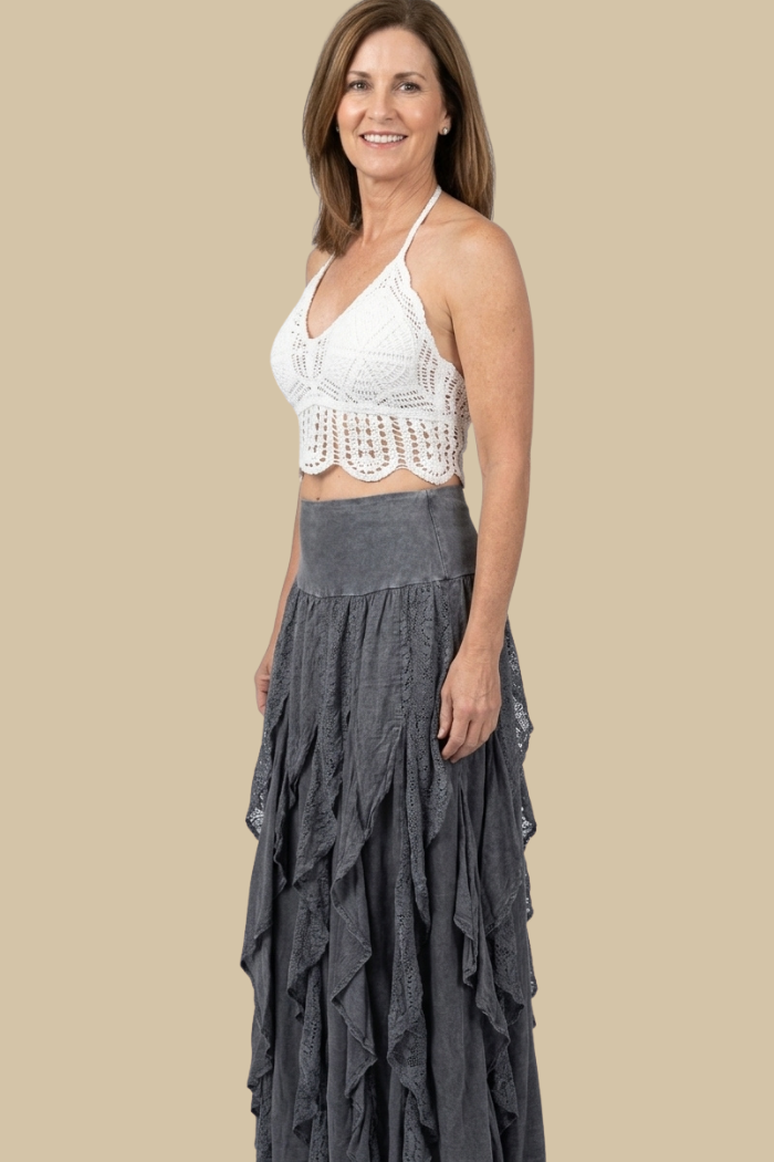 Cotton Ruffle Maxi Skirt in Charcoal Grey