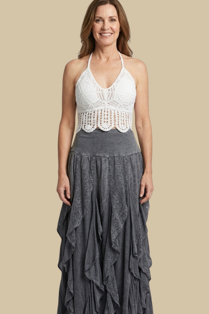 Cotton Ruffle Maxi Skirt in Charcoal Grey