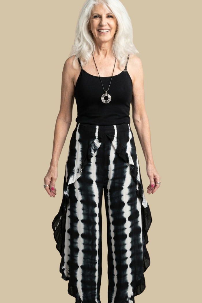 Ruffled Wrap Pant in Tie Dye Black & White