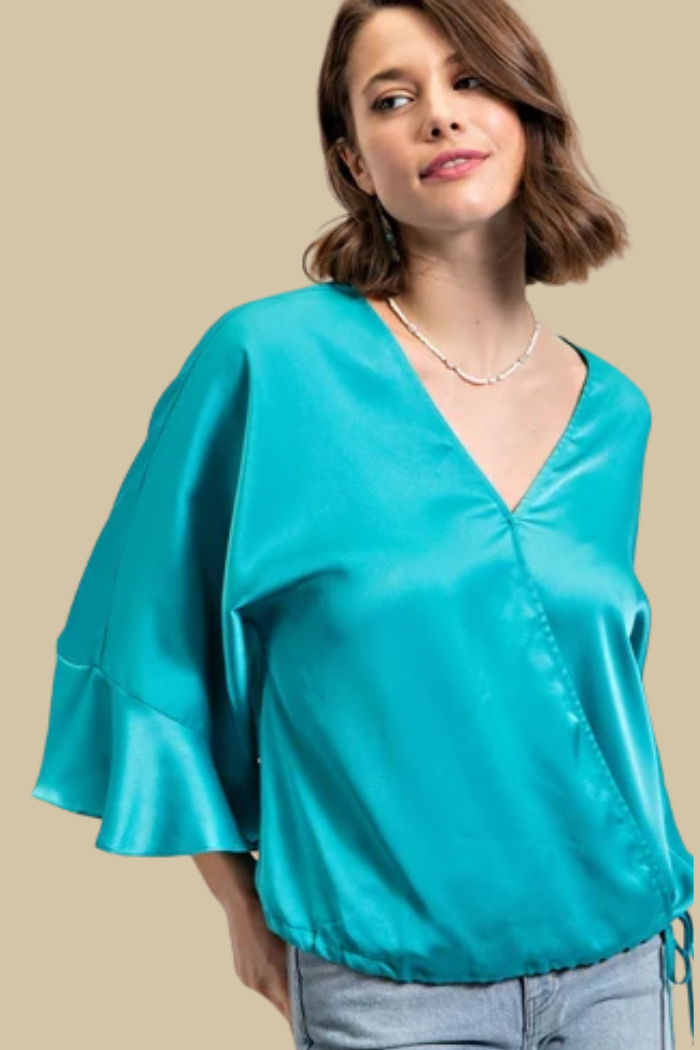 Satiny Long Sleeve Side Tie Wrap Top