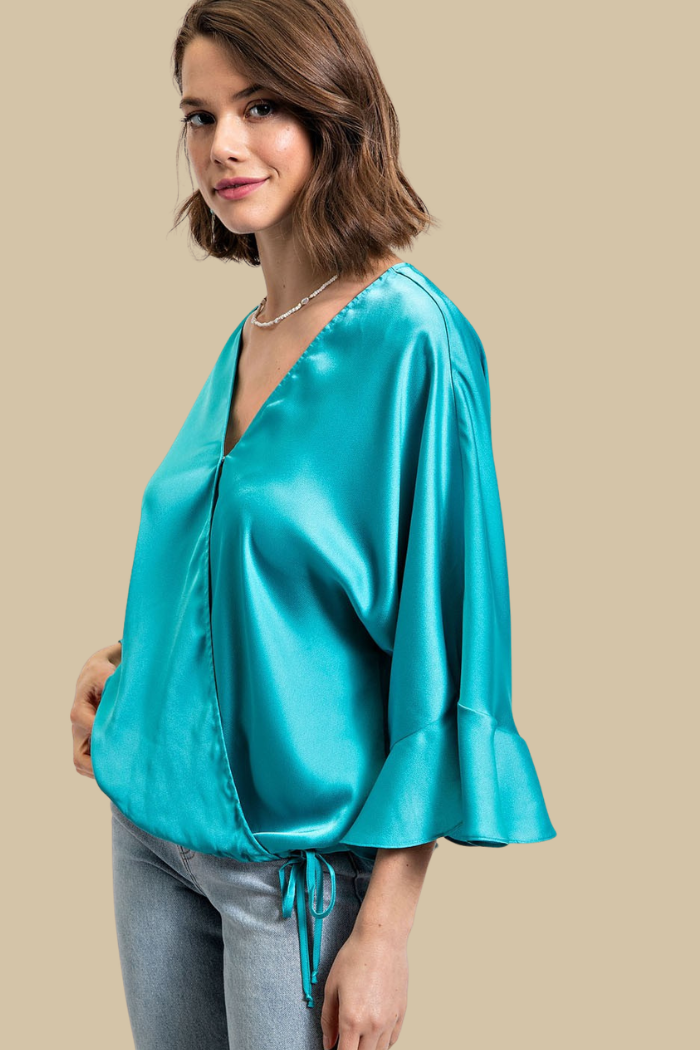 Satiny Long Sleeve Side Tie Wrap Top