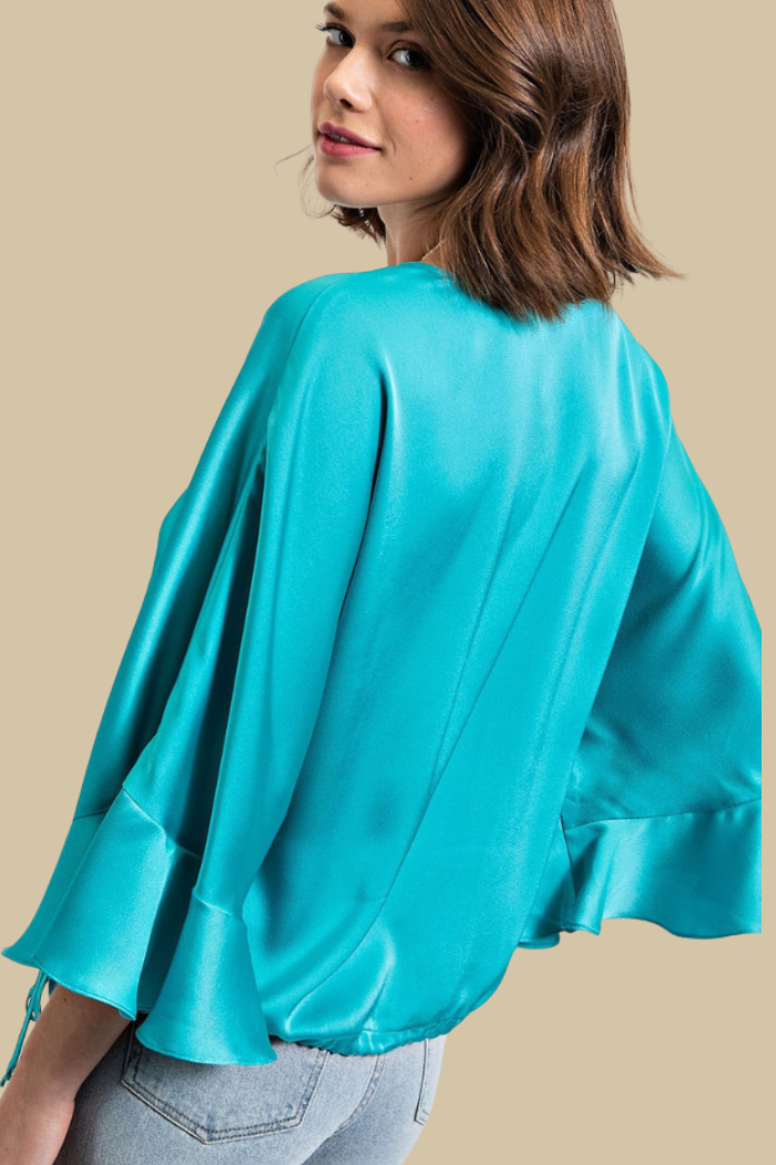 Satiny Long Sleeve Side Tie Wrap Top