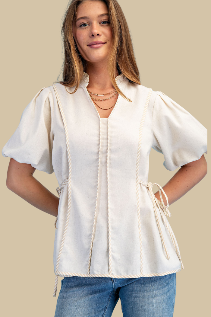 Linen Blouse With Puffed Sleeves and Binding Detailing