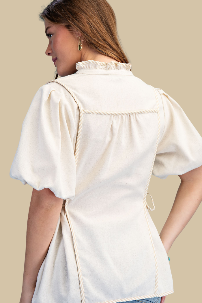 Linen Blouse With Puffed Sleeves and Binding Detailing