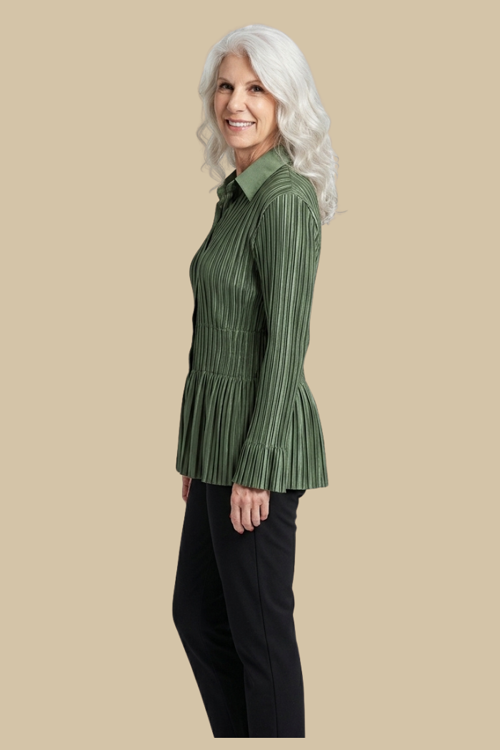 Stylish Satin Mini Pleated Shirt in Olive