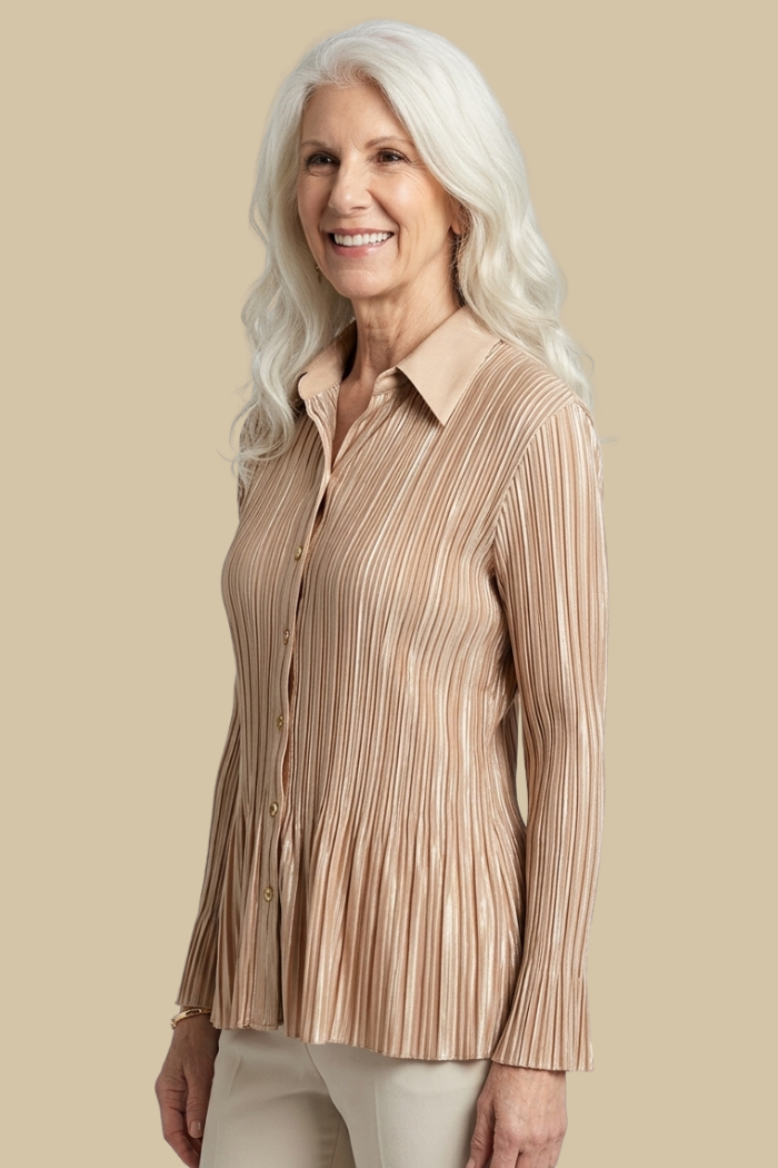 Stylish Satin Mini Pleated Shirt in Light Gold