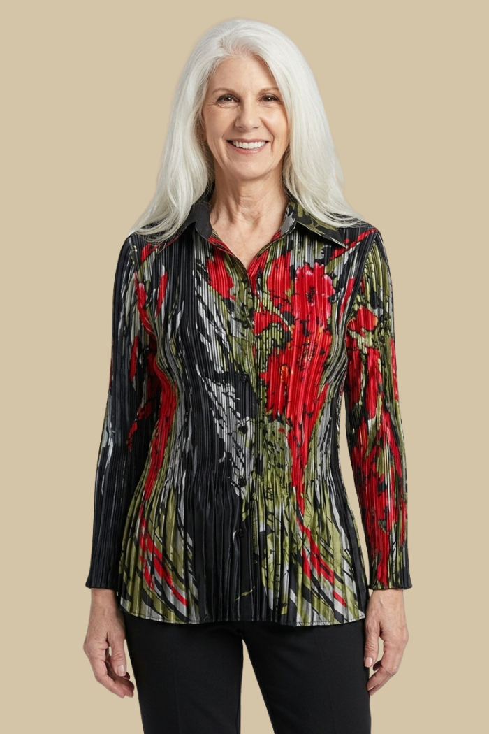 Stylish Satin Mini Pleated Shirt in Olive-Red Floral on Black