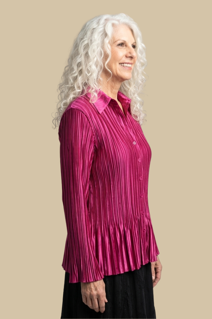 Stylish Satin Pleated Shirt in Solid Magenta