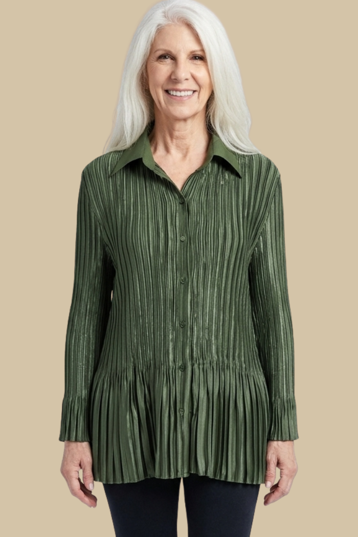 Stylish Satin Mini Pleated Shirt in Olive