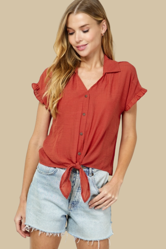 Short Sleeve Tie Front Gauzy Top in Rust