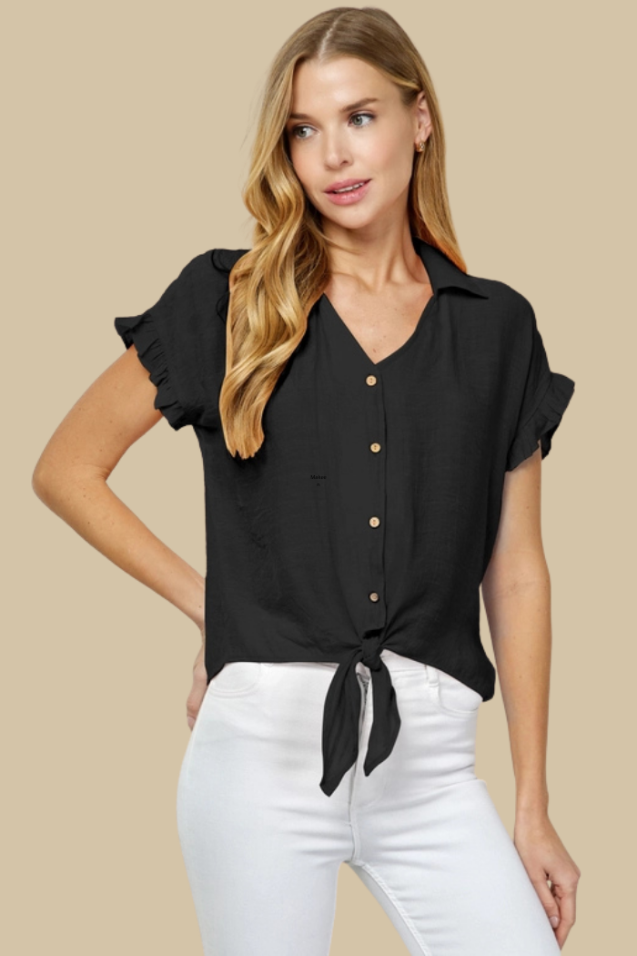Short Sleeve Tie Front Gauzy Top in Black