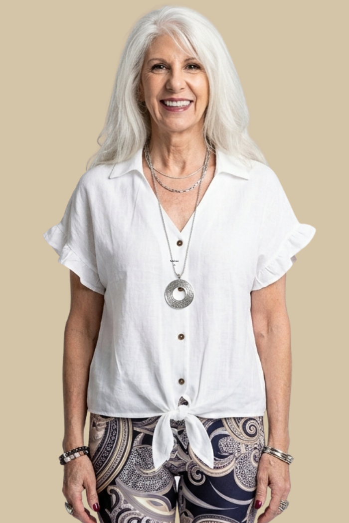 Short Sleeve Tie Front Gauzy Top in White