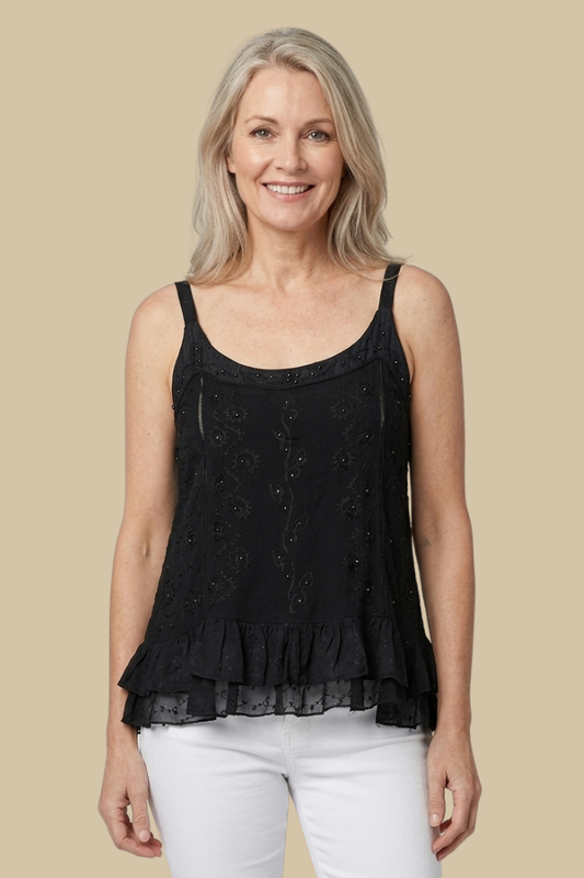 Sleeveless Ruffled Hem Rayon Top in Black