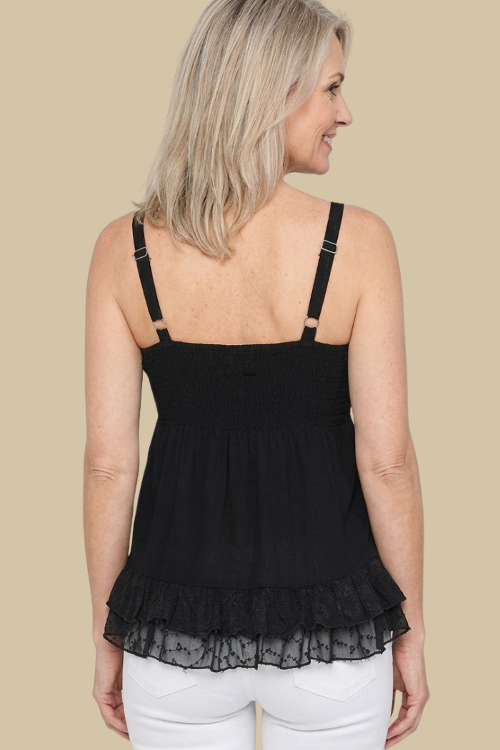 Sleeveless Ruffled Hem Rayon Top in Black