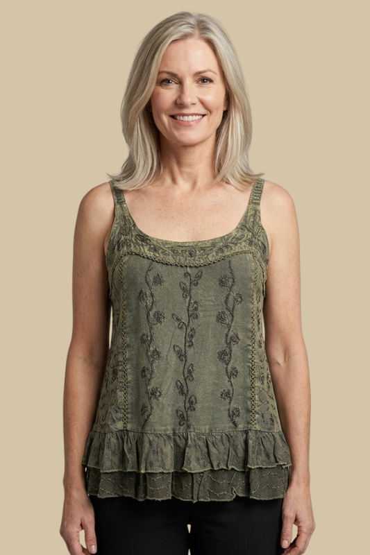Sleeveless Ruffled Hem Rayon Top in Olive