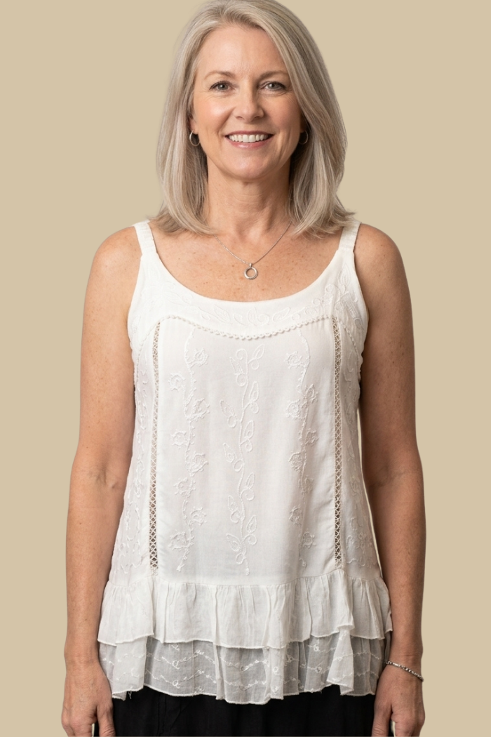 Sleeveless Ruffled Hem Rayon Top in Natural