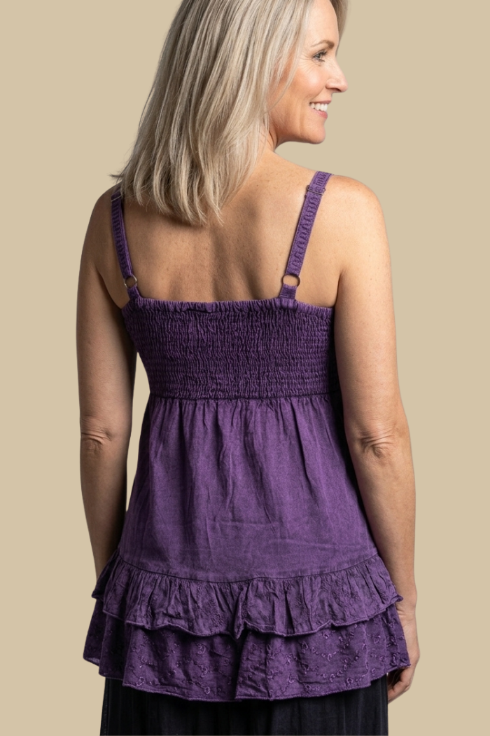 Sleeveless Ruffled Hem Rayon Top in Purple