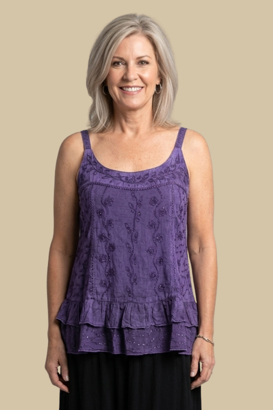Sleeveless Ruffled Hem Rayon Top in Purple