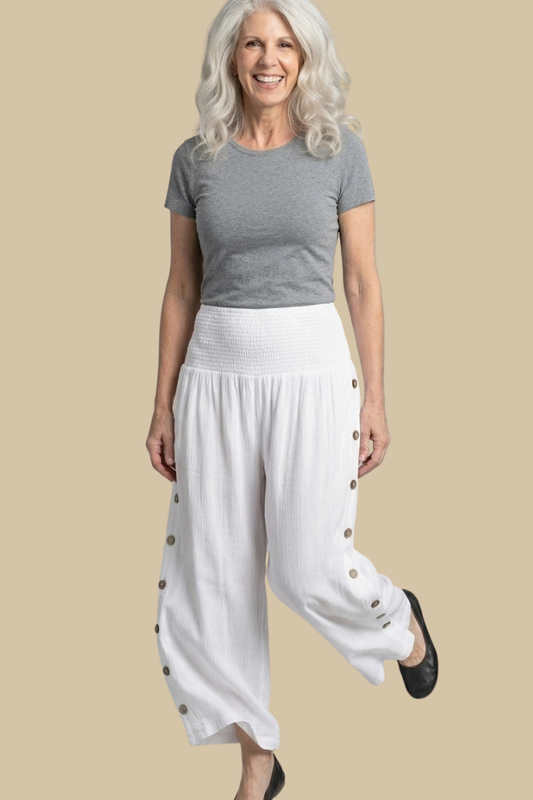 White Smocked Waist Pant with Side Button Detail