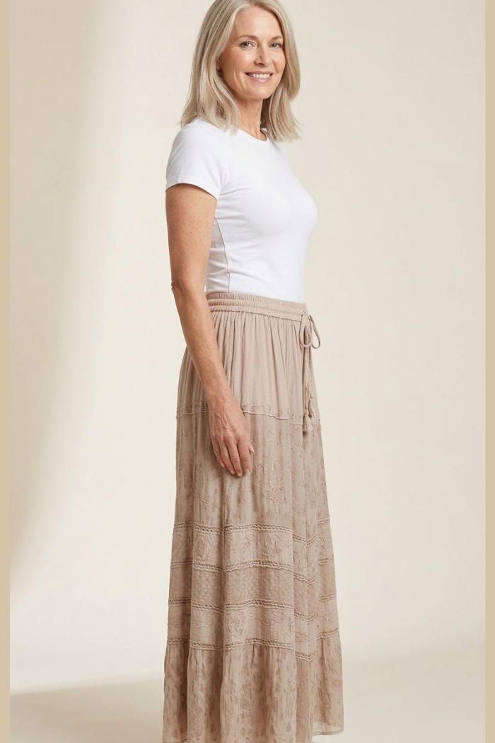 Boho Inspired Embroidered and Trimmed Maxi Skirt in Beige