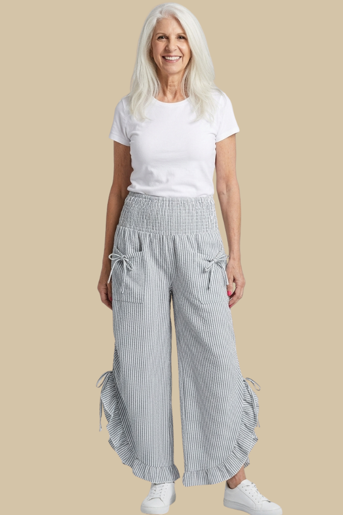 Green Stripe Ruffled Hem Pantaloon Pant