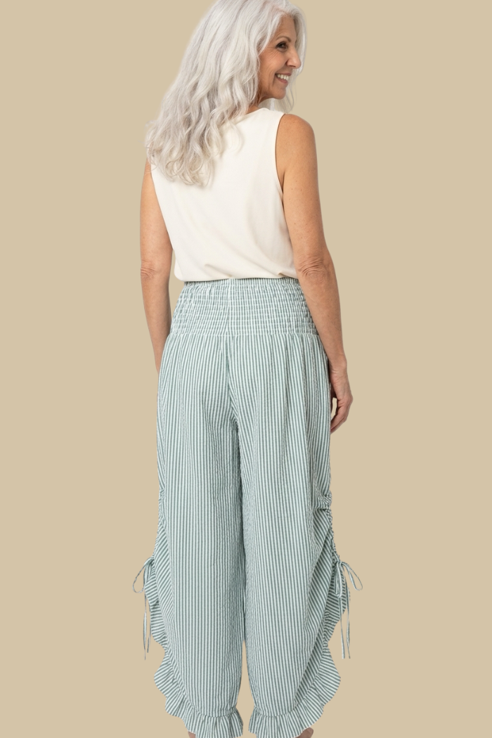 Green Stripe Ruffled Hem Pantaloon Pant