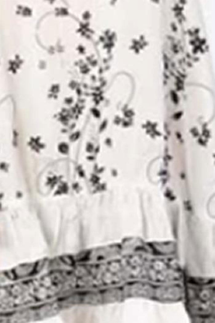 Ruffle Trimmed Sleeveless Dress - Black Floral Print on White