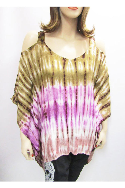 Gauzy Cold Shoulder Tie Dye Poncho In Beige & Purple